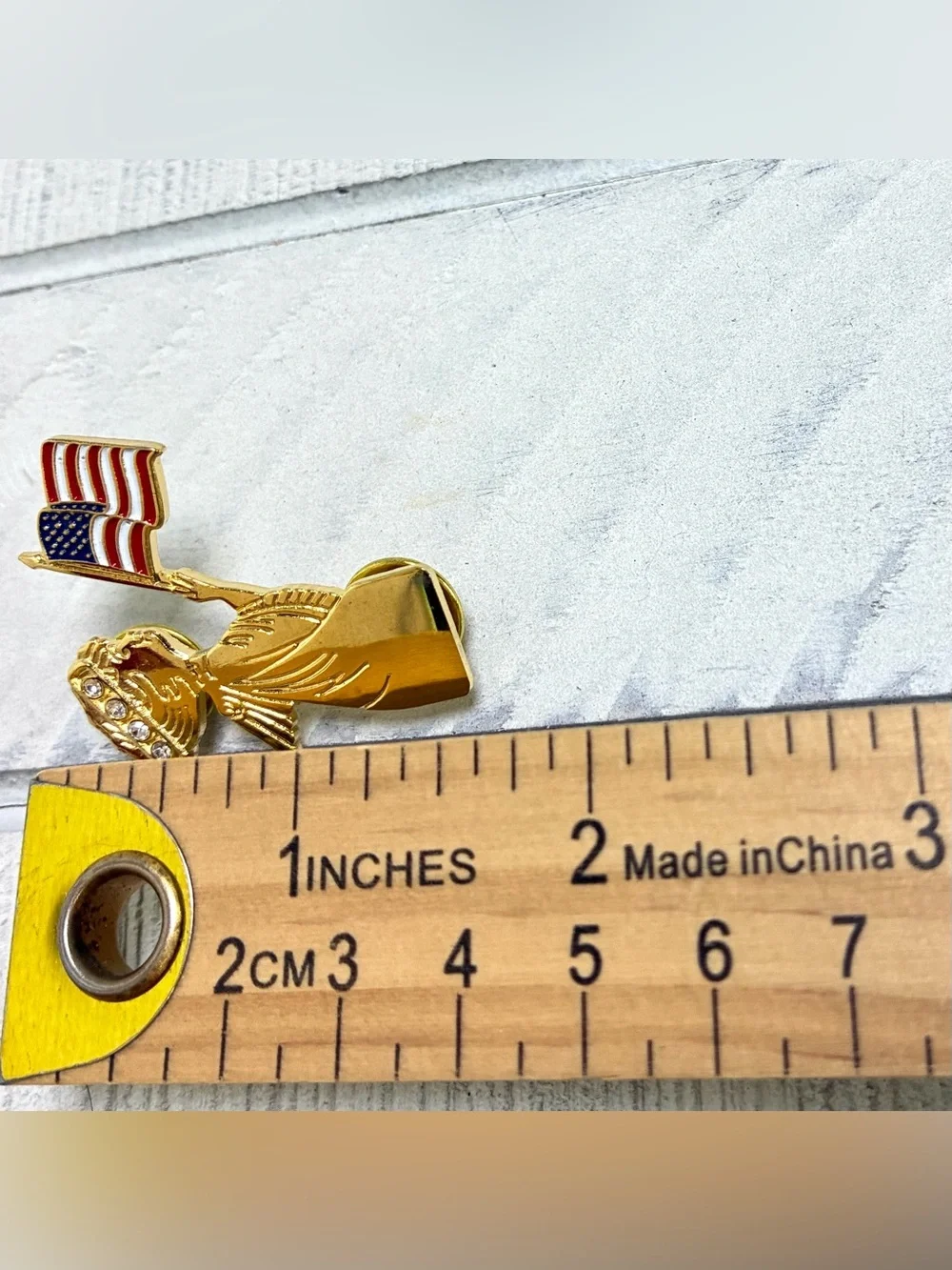 Patriotic Guardian Angel Lapel Pin Gold Tone With American Flag And Adorned Halo